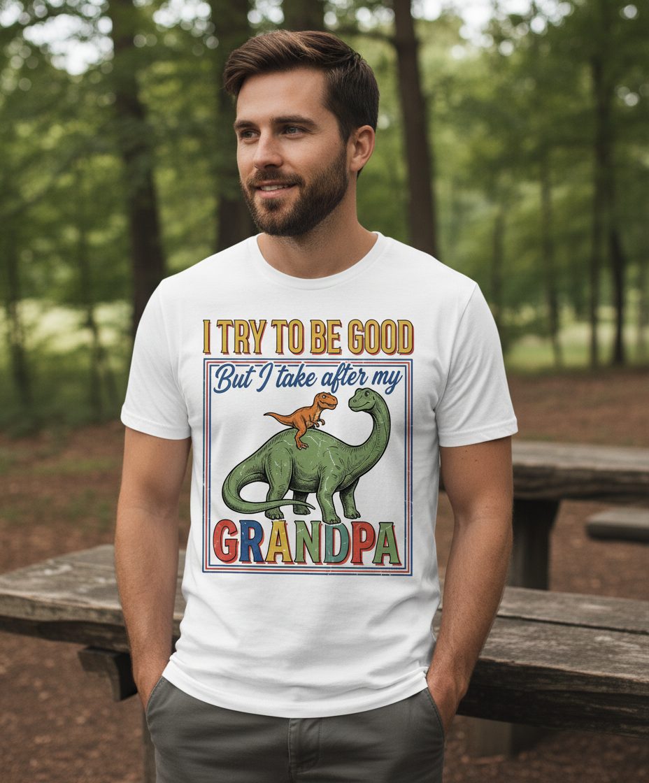 I TRY TO BE GOOD but I Take After My Grandpa Funny Dinosaur T-Shirt - lifestyle model mockup - White
