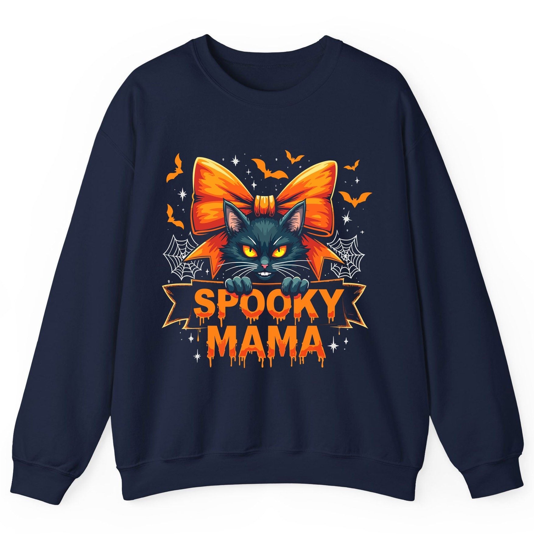 Spooky Mama black cat Sweatshirt Navy product mockup