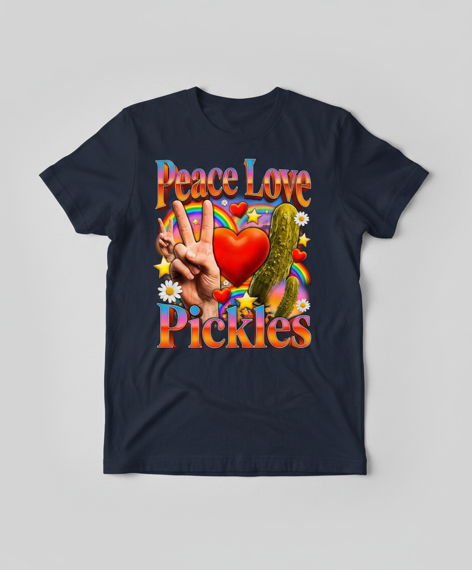 Peace Love Pickles Retro Hippie Design T-Shirt - Navy