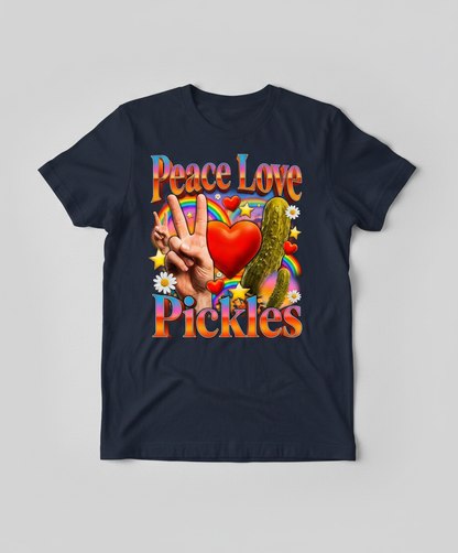 Peace Love Pickles Retro Hippie Design T-Shirt - Navy