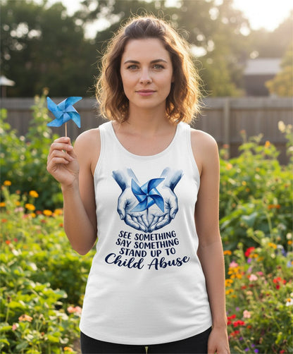 SEE Something SAY Something STAND UP TO Child Abuse Awareness Tank Top - lifestyle model mockup - White