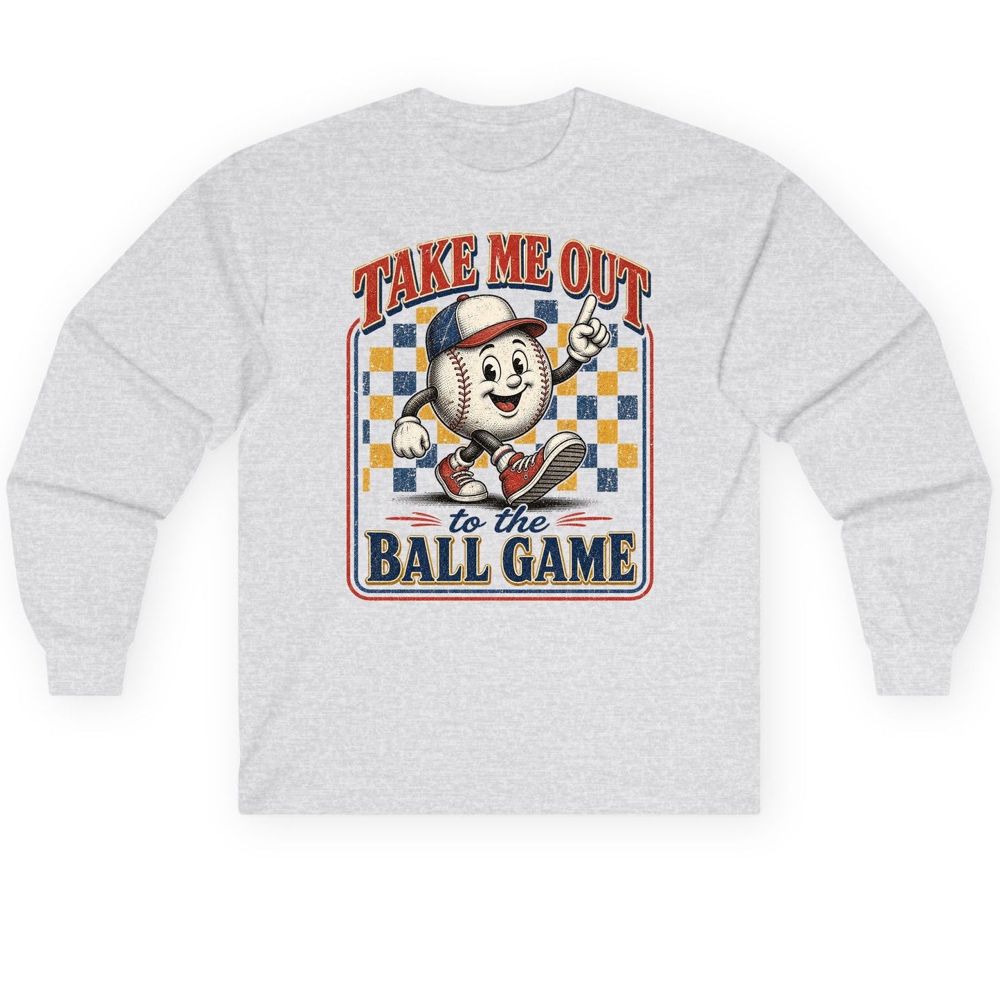 Take Me Out to the Ball Game Retro Baseball Long Sleeve Tee - product mockup - Ash