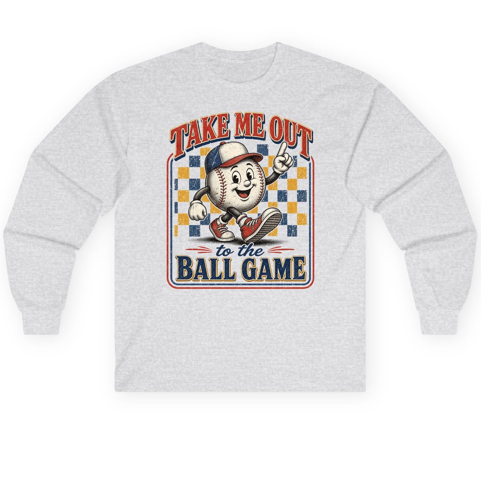 Take Me Out to the Ball Game Retro Baseball Long Sleeve Tee - product mockup - Ash