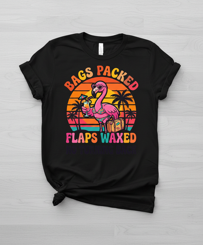 Bags Packed Flaps Waxed Funny Flamingo Vacation T-Shirt - Black