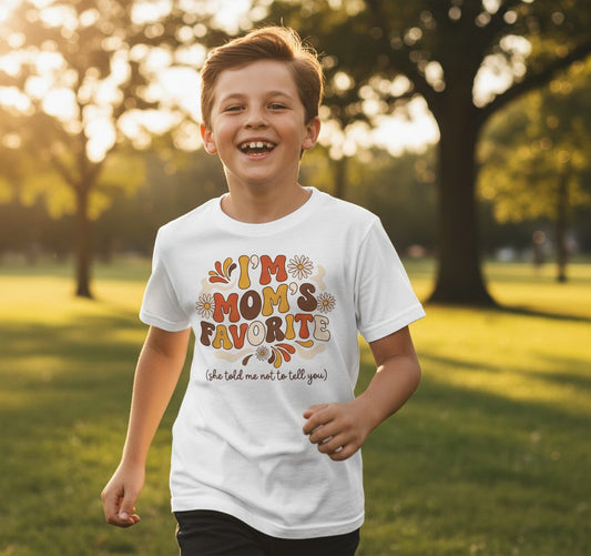 I'm Mom's Favorite (She Told Me Not to Tell You) favorite child Youth T-Shirt White lifestyle mockup