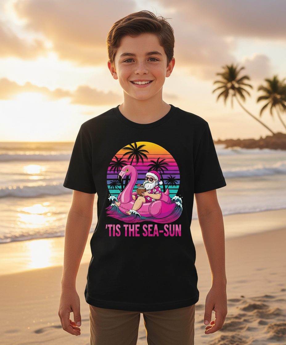 'Tis the Sea-Sun tropical santa claus Youth T-Shirt Black lifestyle mockup