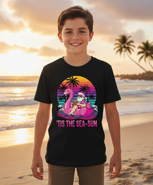 'Tis the Sea-Sun tropical santa claus Youth T-Shirt Black lifestyle mockup