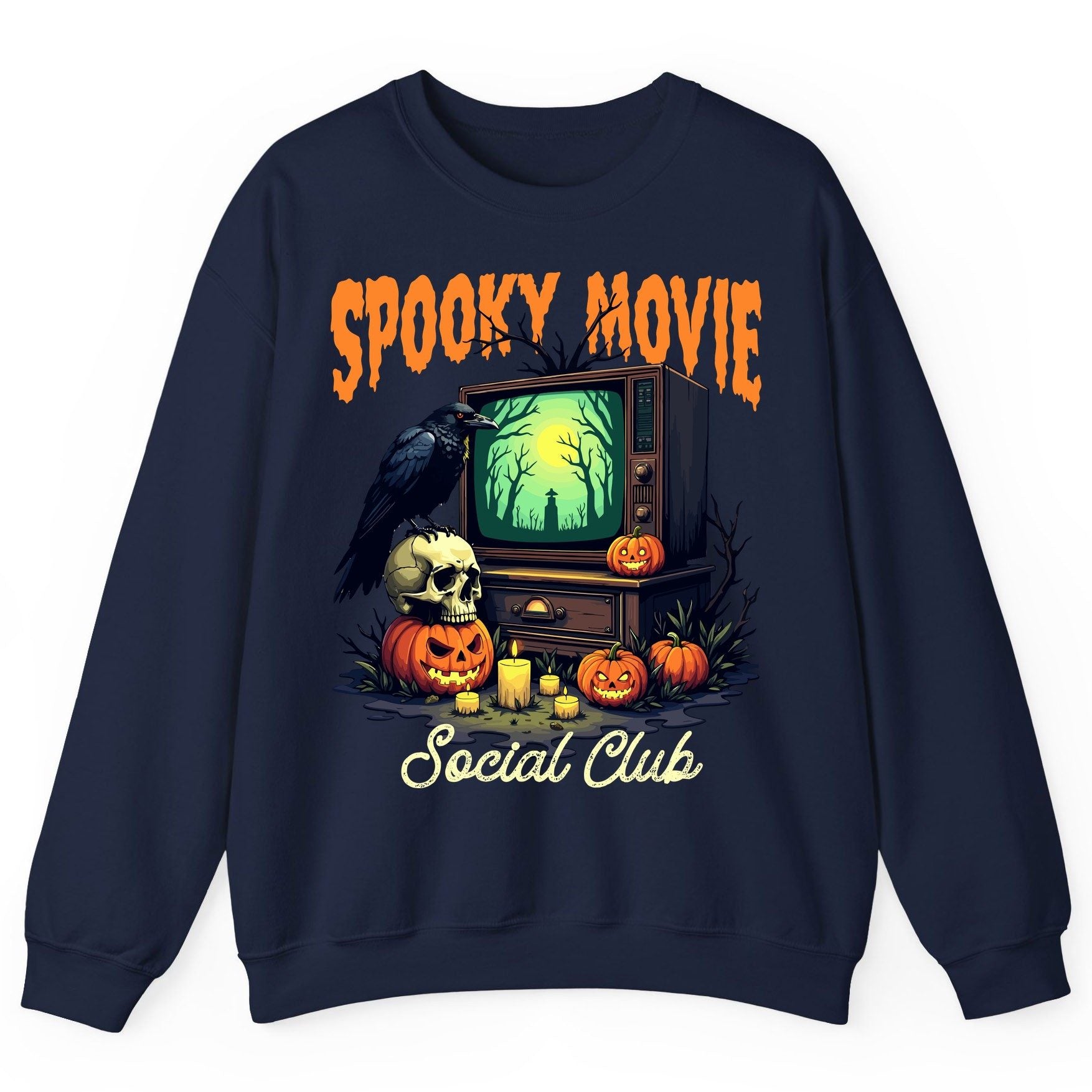 Spooky Movie Social Club Halloween Sweatshirt Navy product mockup
