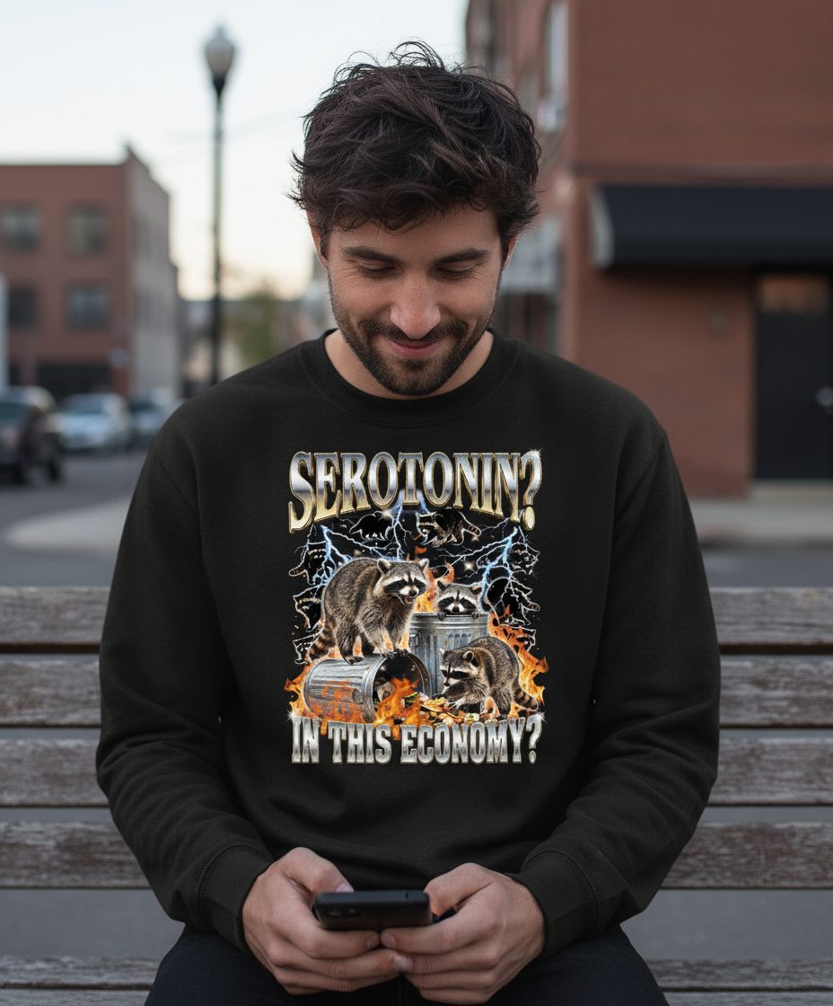 Serotonin in This Economy? raccoons Sweatshirt Black lifestyle mockup