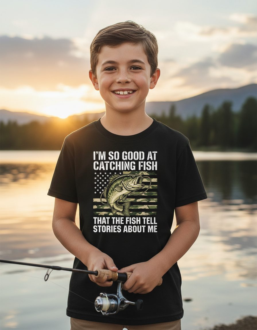 I'm So Good at Catching Fish That the Fish Tell Stories About Me fishing Youth T-Shirt Black lifestyle mockup