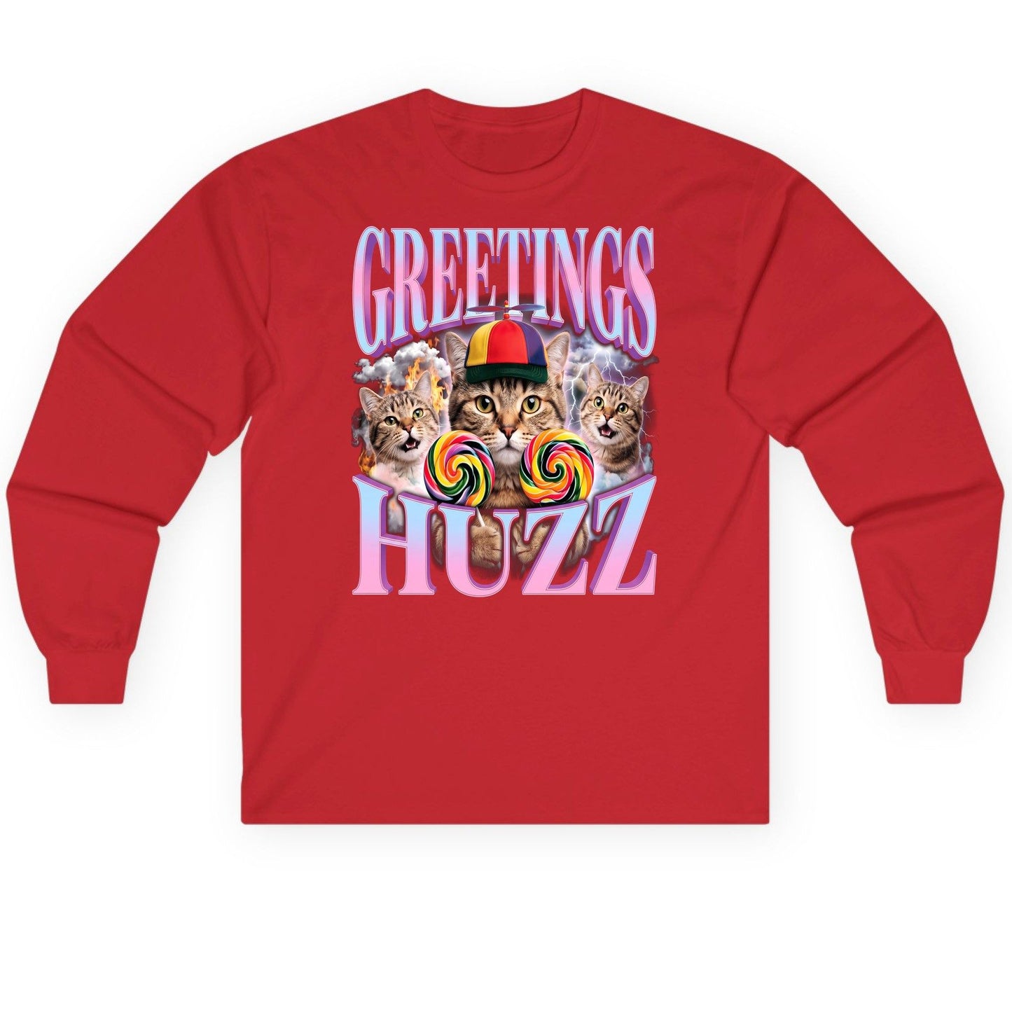 Greetings Huzz Funny Cats Long Sleeve Tee - product mockup - Red