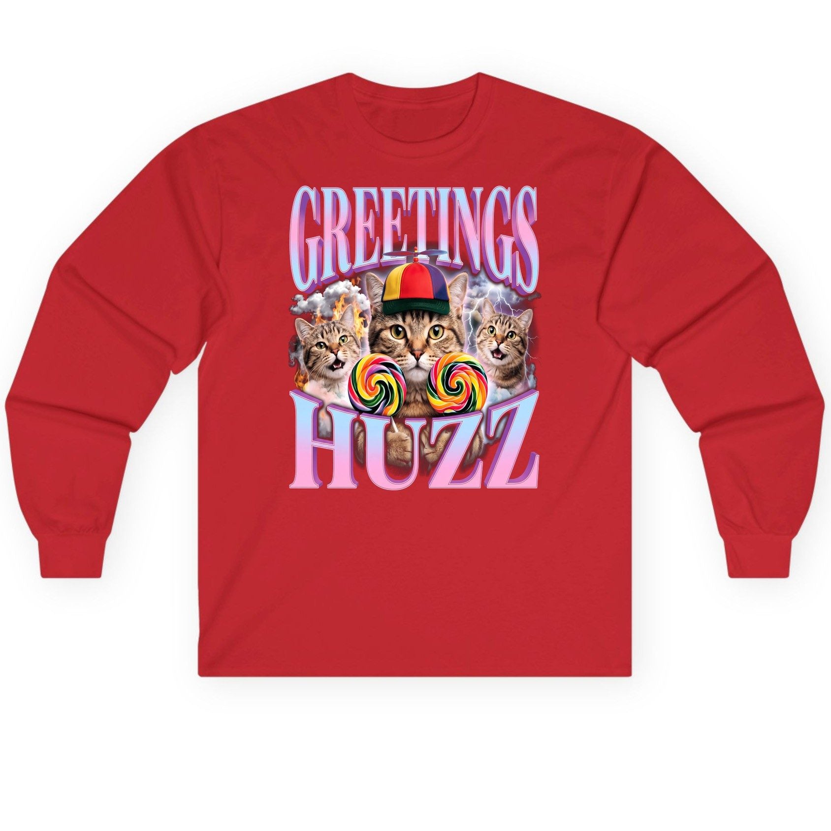Greetings Huzz Funny Cats Long Sleeve Tee - product mockup - Red
