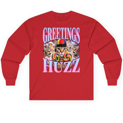Greetings Huzz Funny Cats Long Sleeve Tee - product mockup - Red