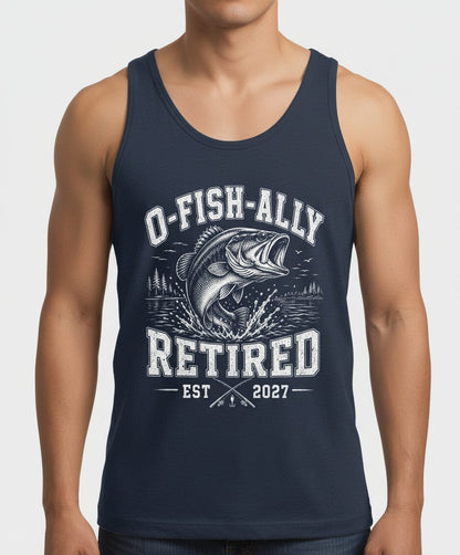 O-Fish-Ally Retired EST 2027 Funny Fishing Tank Top - product mockup - Navy