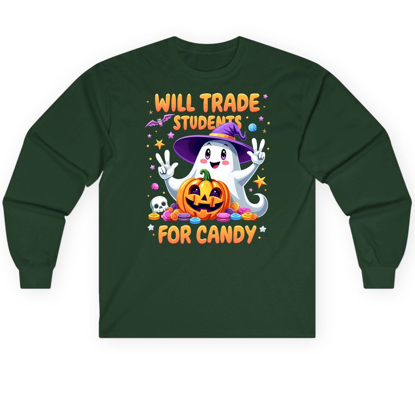 Will Trade Students for Candy teacher Halloween Long Sleeve Tee Forest Green product mockup