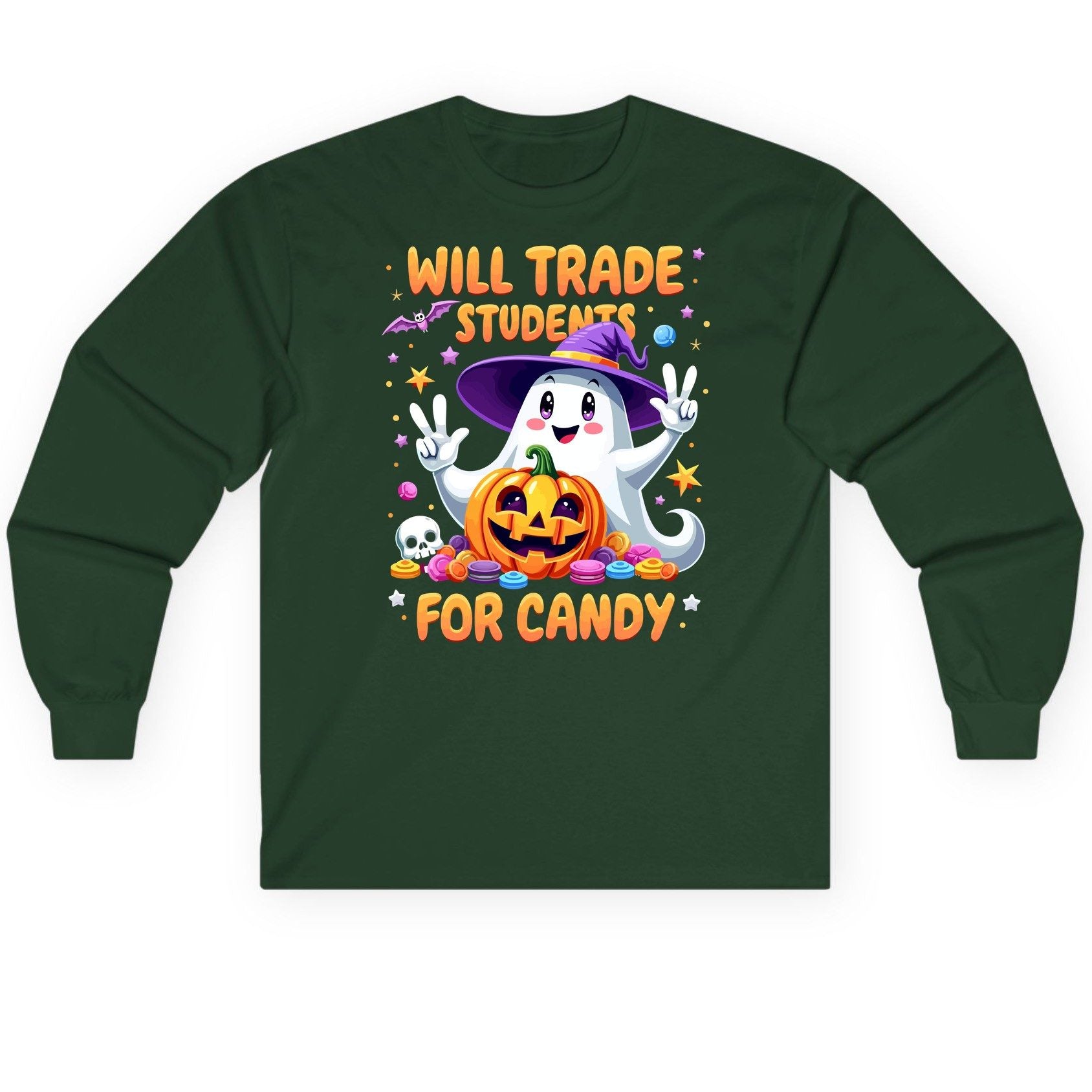 Will Trade Students for Candy teacher Halloween Long Sleeve Tee Forest Green product mockup