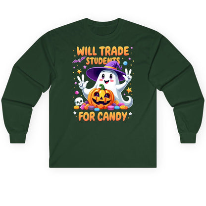 Will Trade Students for Candy teacher Halloween Long Sleeve Tee Forest Green product mockup