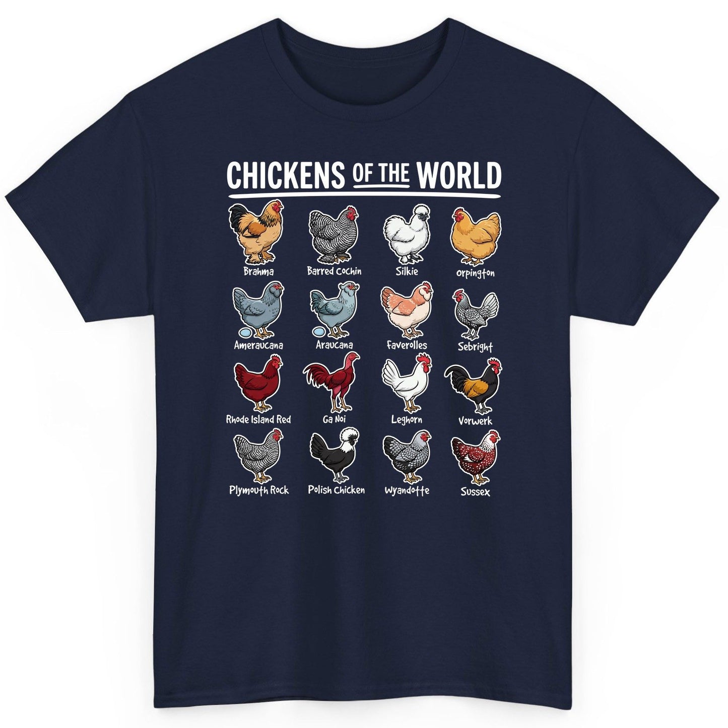 Chickens of the World chicken breeds T-Shirt Navy product mockup