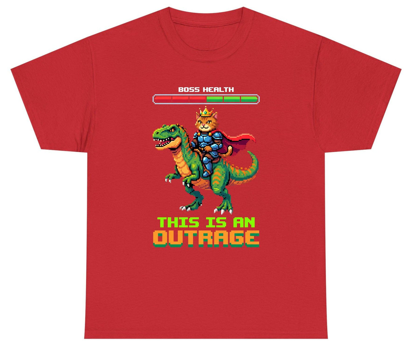 THIS IS AN OUTRAGE Cat riding a dinosaur Youth T-Shirt Red product mockup
