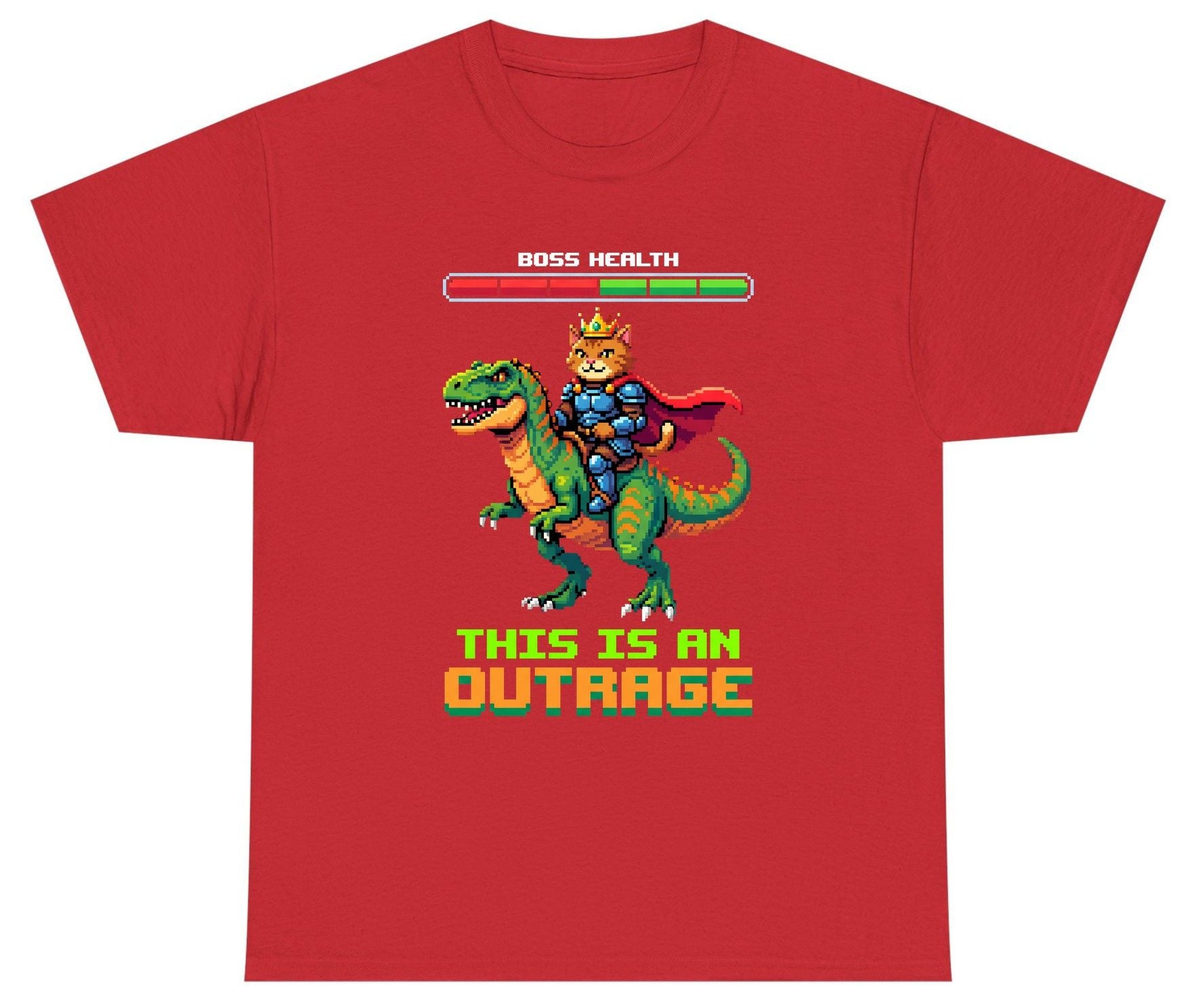 THIS IS AN OUTRAGE Cat riding a dinosaur Youth T-Shirt Red product mockup
