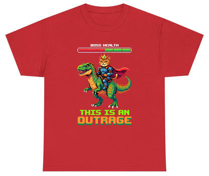 THIS IS AN OUTRAGE Cat riding a dinosaur Youth T-Shirt Red product mockup