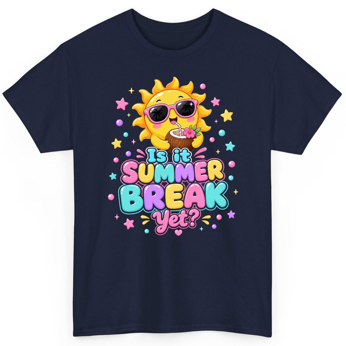 Is It SUMMER BREAK Yet Funny Vacation T-Shirt - product mockup - Navy