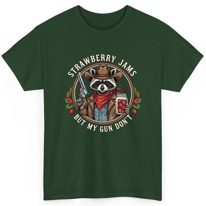 Strawberry Jams but My Gun Don't cowboy raccoon T-Shirt Forest Green product mockup