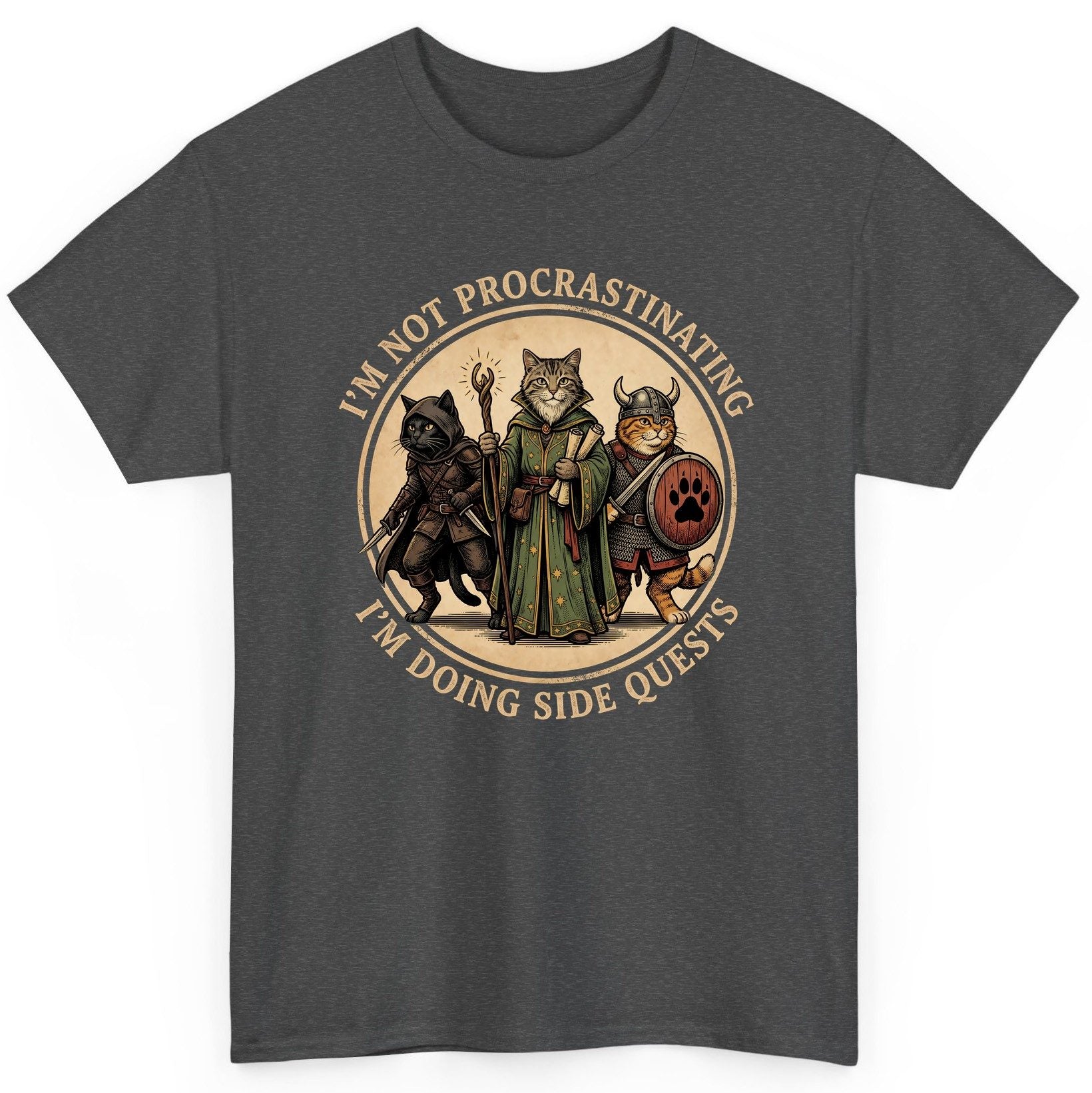 I'm Not Procrastinating I'm Doing Side Quests rpg cats T-Shirt Dark Heather product mockup