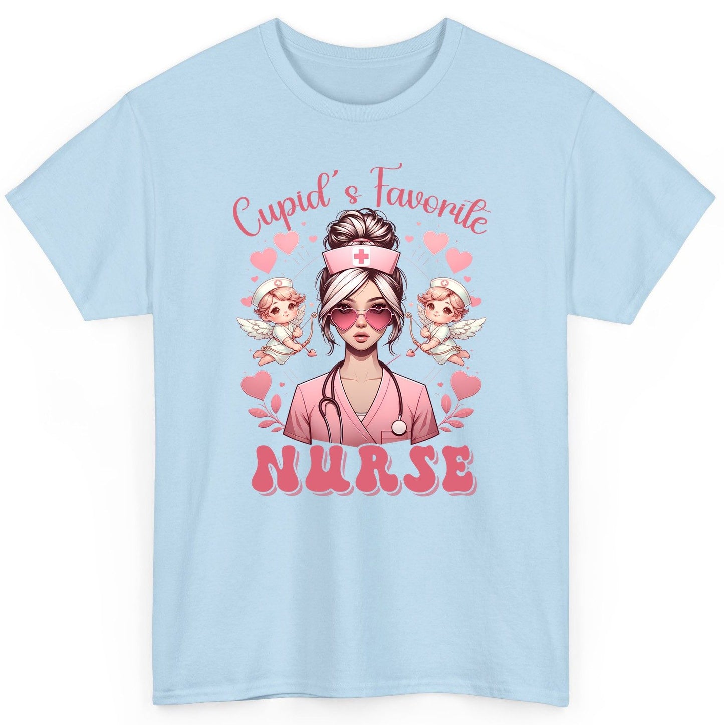Cupid's Favorite Nurse nurse T-Shirt Light Blue product mockup