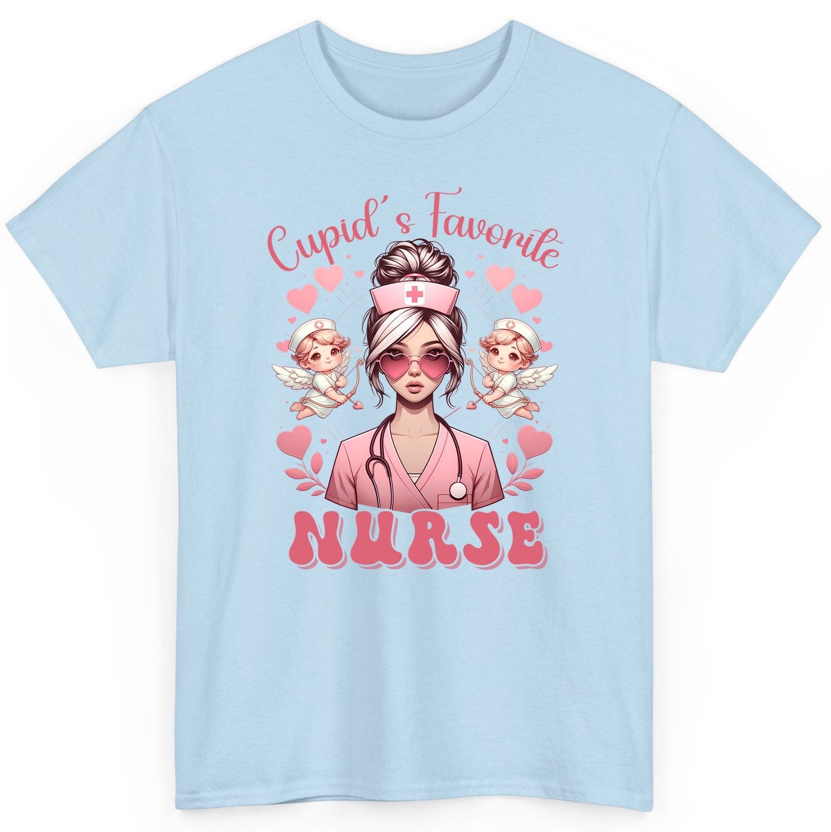 Cupid's Favorite Nurse nurse T-Shirt Light Blue product mockup