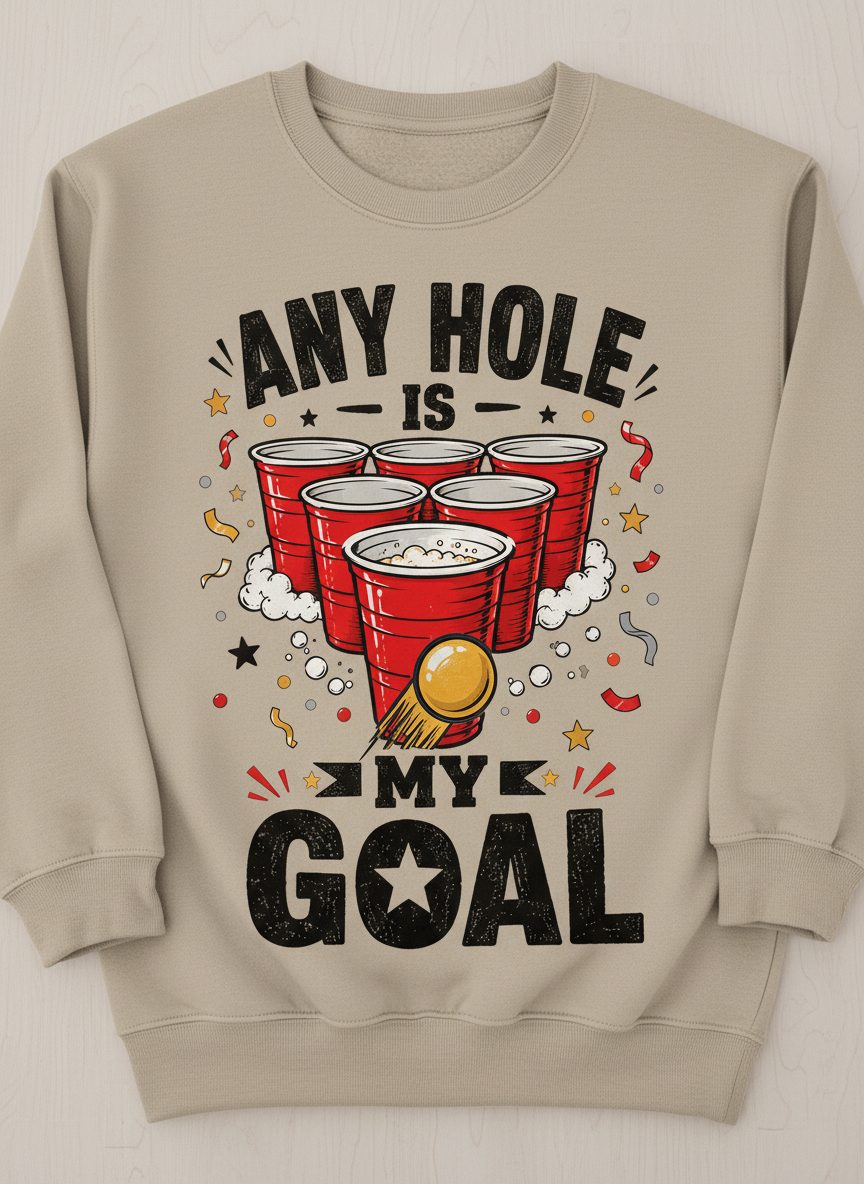 Any Hole Is My Goal Funny Beer Pong Sweatshirt - product mockup - Sand