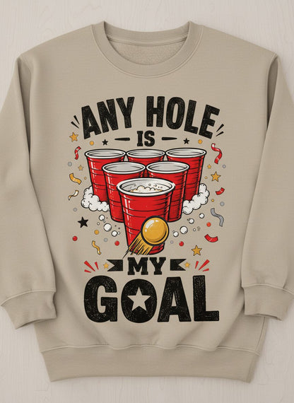 Any Hole Is My Goal Funny Beer Pong Sweatshirt - product mockup - Sand