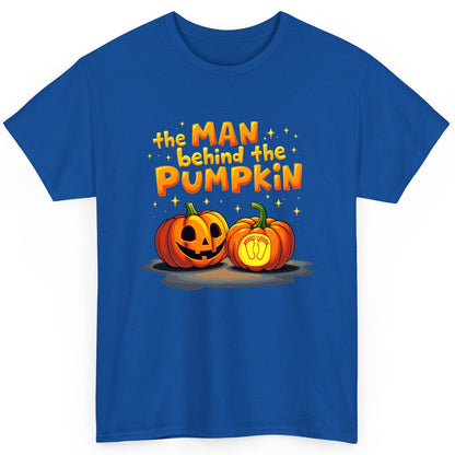 The Man Behind the Pumpkin Halloween pregnancy announcement T-Shirt Royal product mockup