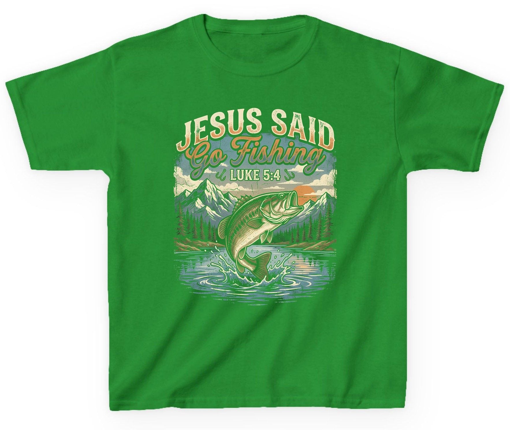 JESUS SAID Go Fishing LUKE 5 4 Retro Christian Youth T-Shirt - product mockup - Irish Green