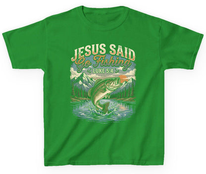 JESUS SAID Go Fishing LUKE 5 4 Retro Christian Youth T-Shirt - product mockup - Irish Green