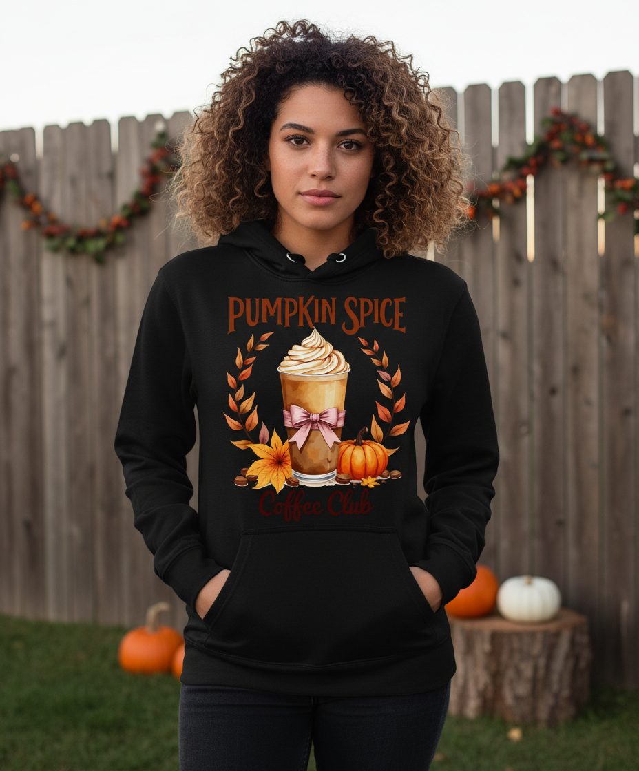 Pumpkin Spice Coffee Club pumpkin spice latte Hoodie Black lifestyle mockup