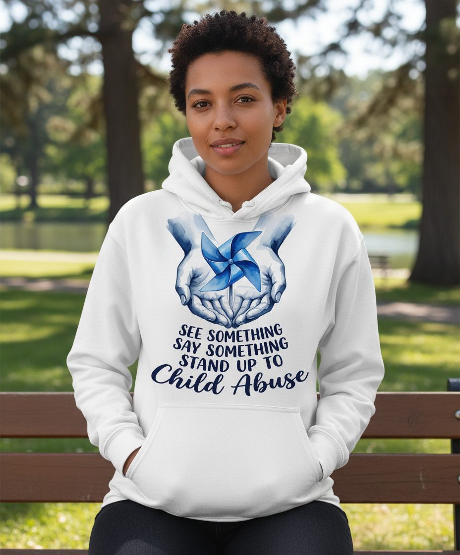 SEE Something SAY Something STAND UP TO Child Abuse Awareness Hoodie - lifestyle model mockup - White