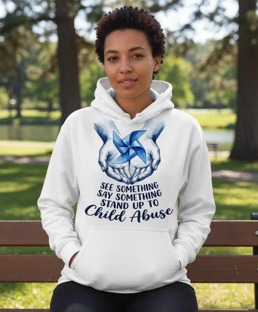 SEE Something SAY Something STAND UP TO Child Abuse Awareness Hoodie - lifestyle model mockup - White