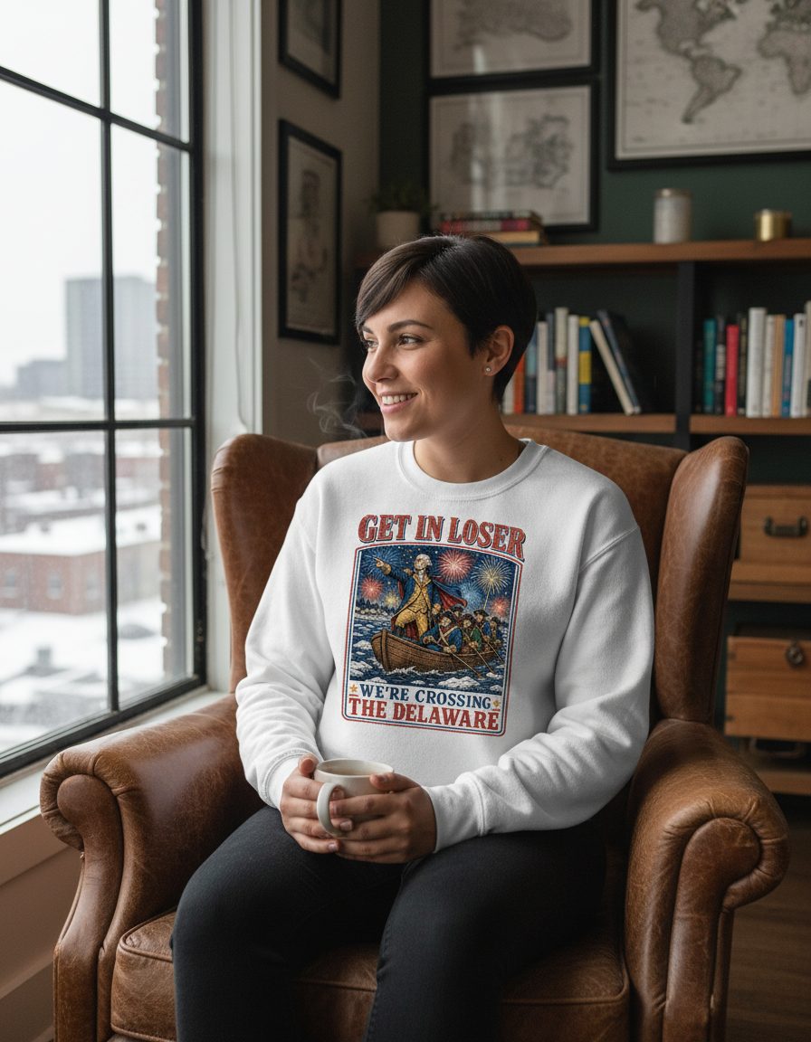 Get in Loser We're Crossing the Delaware Sweatshirt - lifestyle model mockup - White