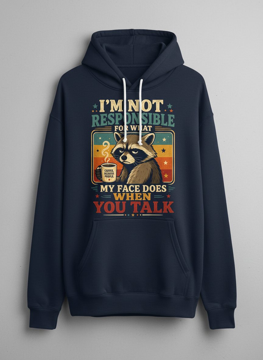 I'm Not Responsible for What My Face Does When You Talk Funny Sarcastic Raccoon Hoodie - product mockup - Navy