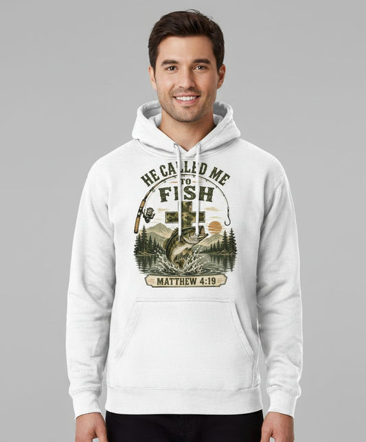 HE CALLED ME TO FISH Matthew 4 19 Christian Fishing Hoodie - product mockup - White