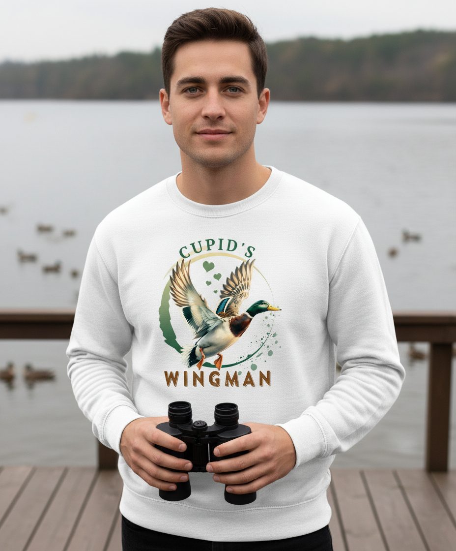 Cupid's Wingman mallard duck Sweatshirt White lifestyle mockup