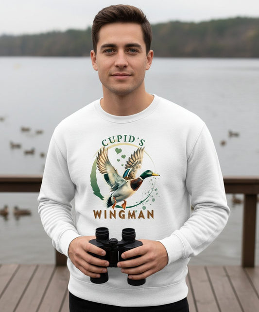 Cupid's Wingman mallard duck Sweatshirt White lifestyle mockup