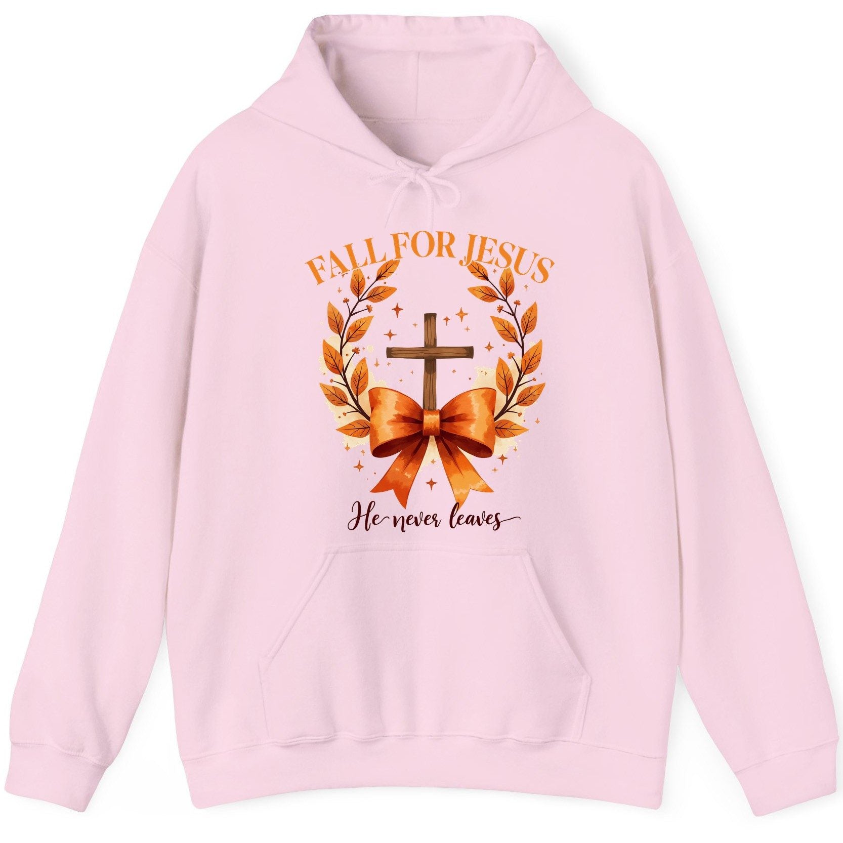 Fall for Jesus He Never Leaves christian faith Hoodie Light Pink product mockup