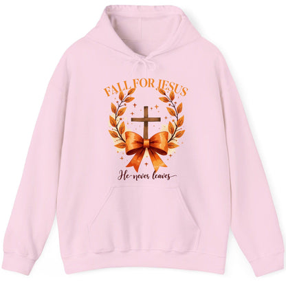 Fall for Jesus He Never Leaves christian faith Hoodie Light Pink product mockup