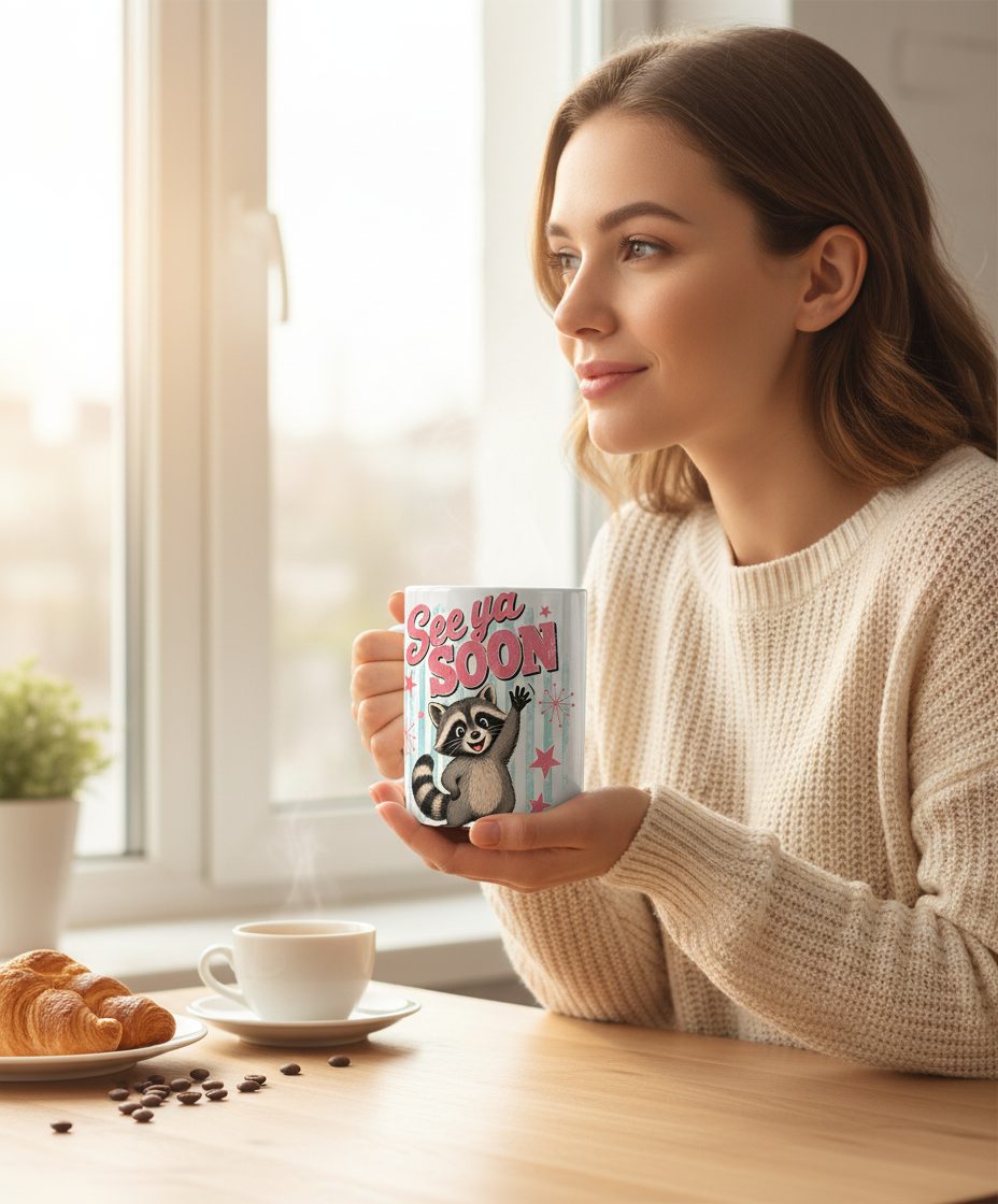 See Ya SOON Retro Raccoon White Mug - lifestyle model mockup - White