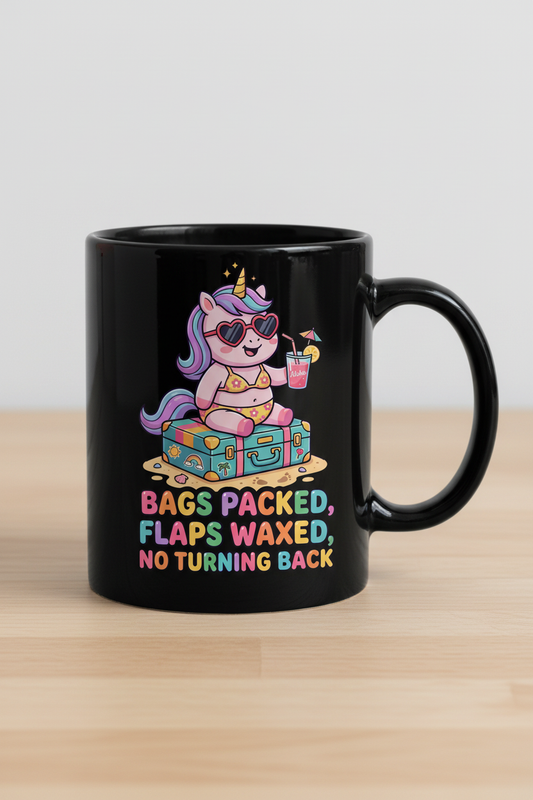 Funny Unicorn Vacation Quote Bags Packed Flaps Waxed Black Mug - Black
