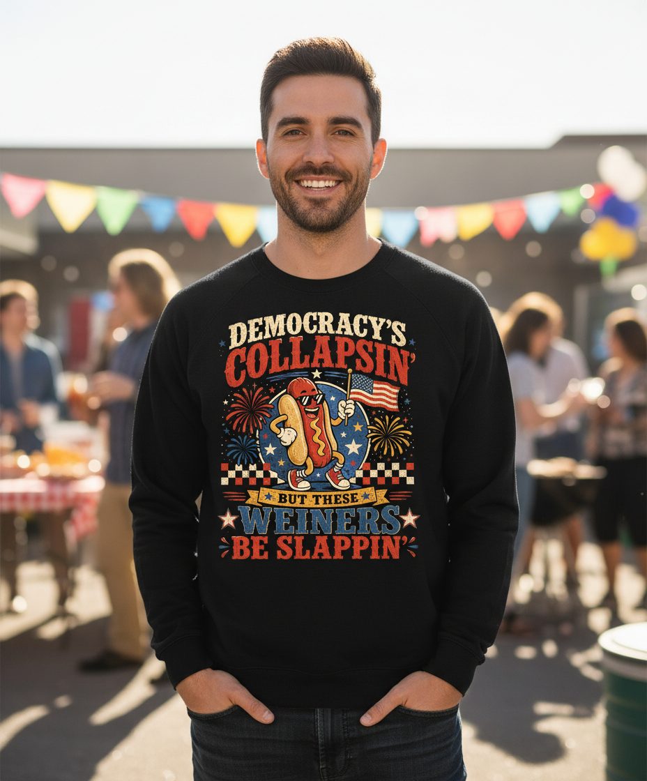 Democracy's Collapsin' but These Weiners Be Slappin' Sweatshirt - lifestyle model mockup - Black