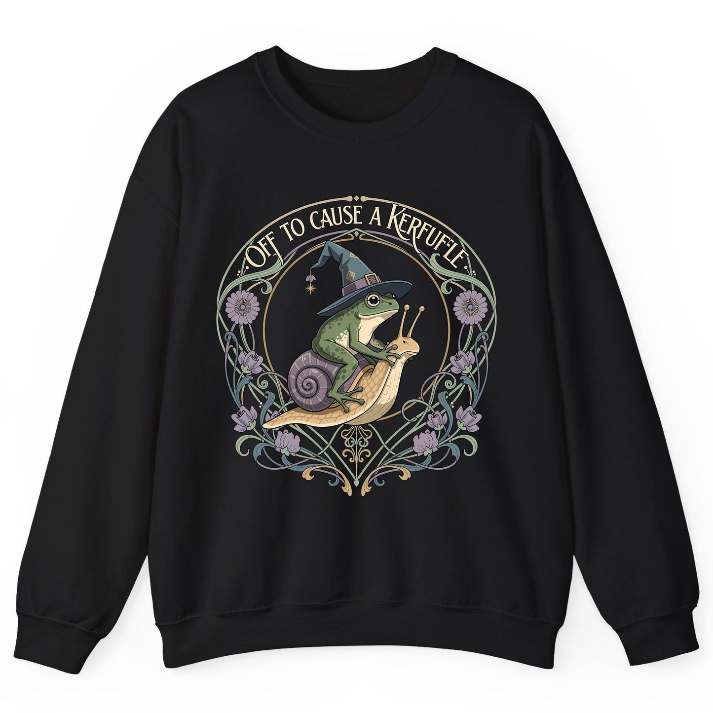Off to Cause a Kerfuffle frog riding a snail Sweatshirt Black product mockup