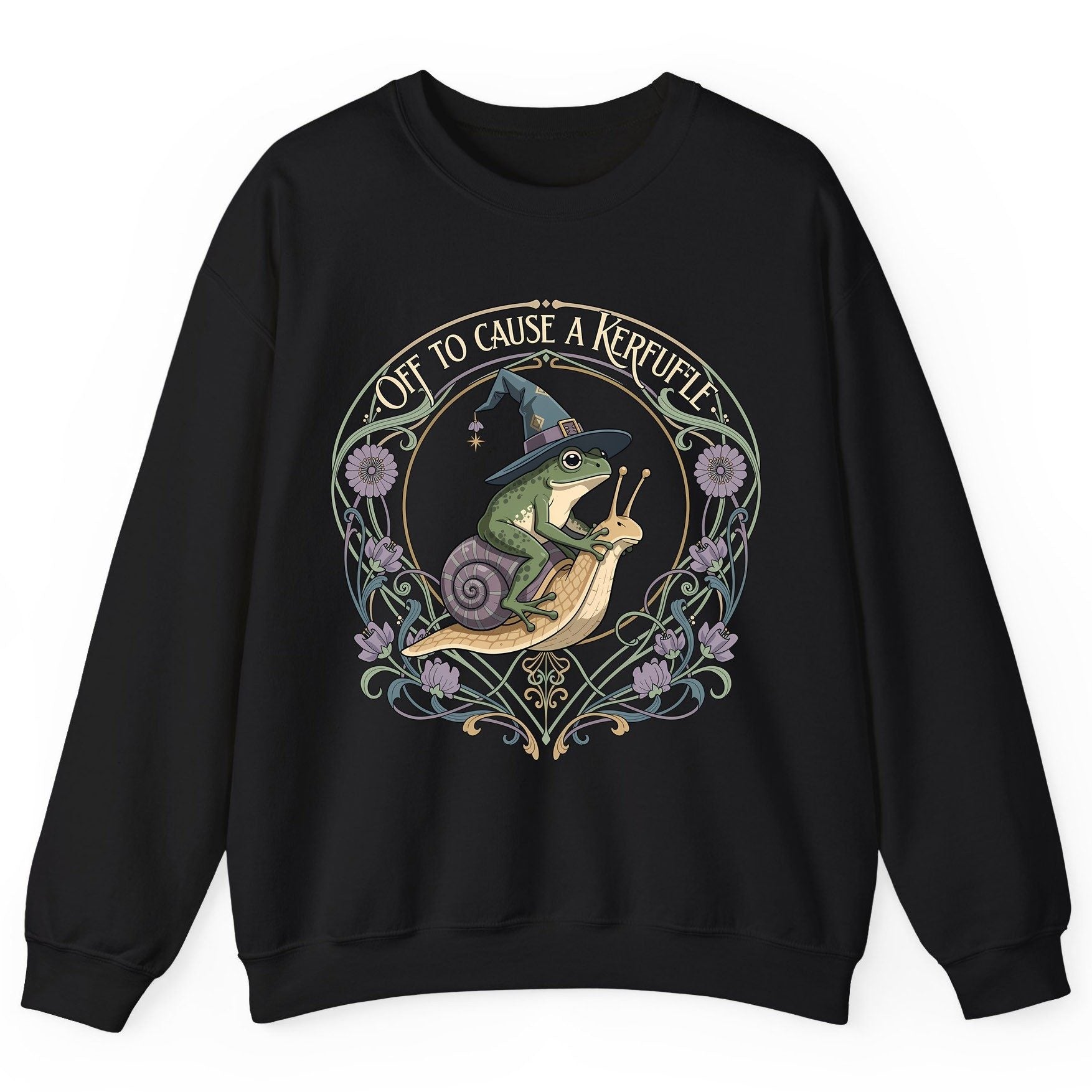 Off to Cause a Kerfuffle frog riding a snail Sweatshirt Black product mockup